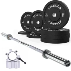 Langhantel SET Delta Chrome | 90kg Bumper Plates Schwarz | Alu Verschlüsse Silber