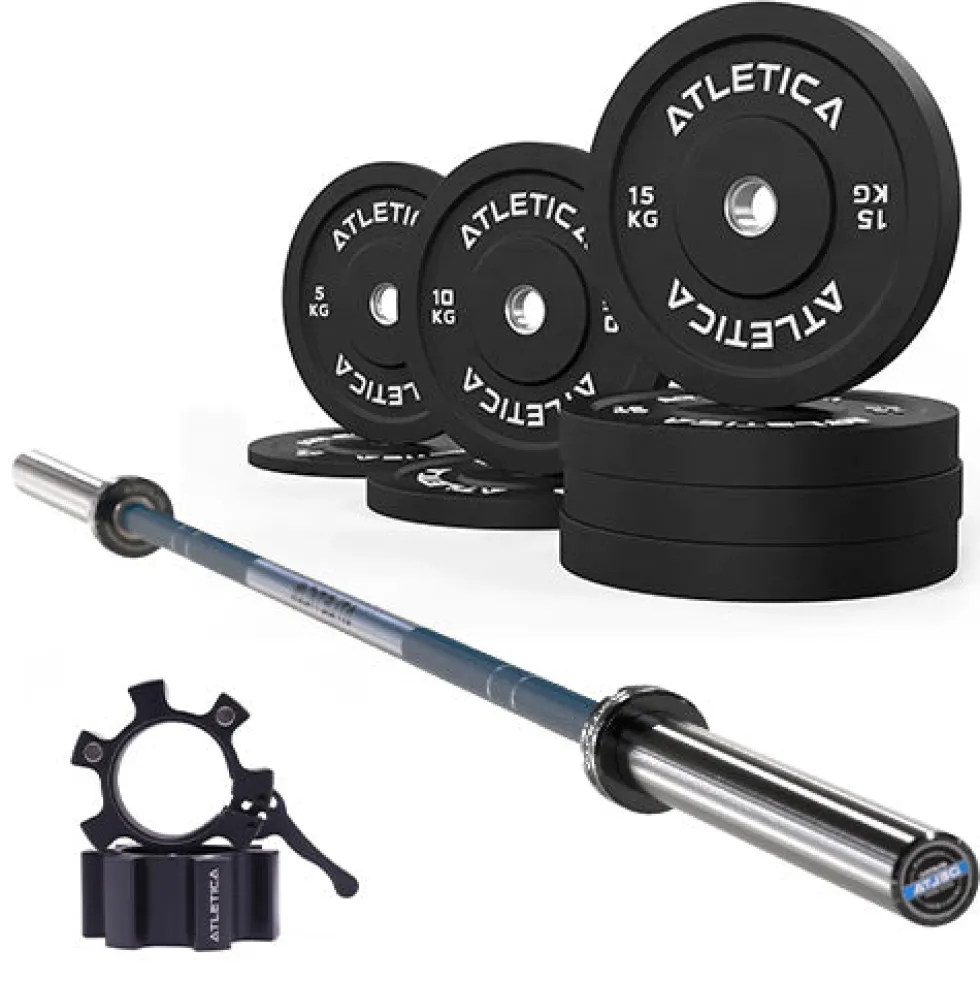 Langhantel SET Delta Dark Blue | 90kg Bumper Plates Schwarz | Alu Verschlüsse