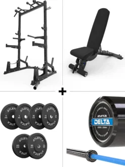 R7 Half Rack SET | Delta Dark Blue | Bumper Plates 70kg | B6 Hantelbank